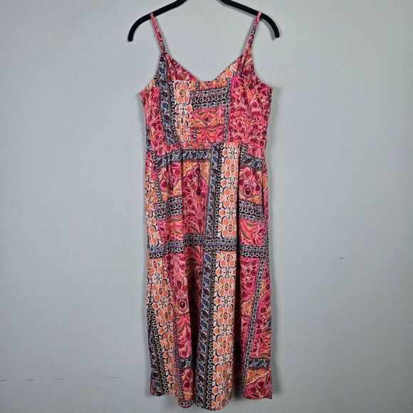 Old Navy Womens Floral Patchwork Midi Dress Size M Pink V Neck Boho Hippie Flowy - Picture 2 of 8